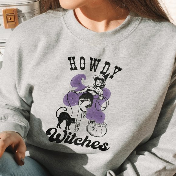 Desert Bloom Darlin Sweaters - Howdy Witches Western Cowgirl Cauldron Dark Grey Sweatshirt